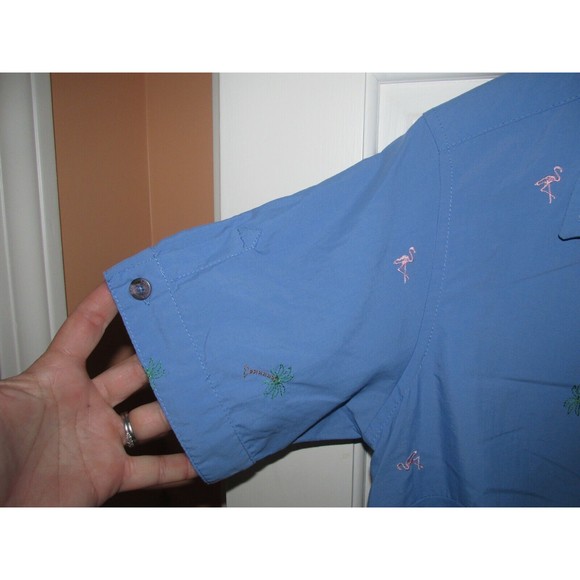 Columbia Shirt Short Sleeve Pink Flamingo Palm Trees Print Blue Color Size S - Picture 4 of 7